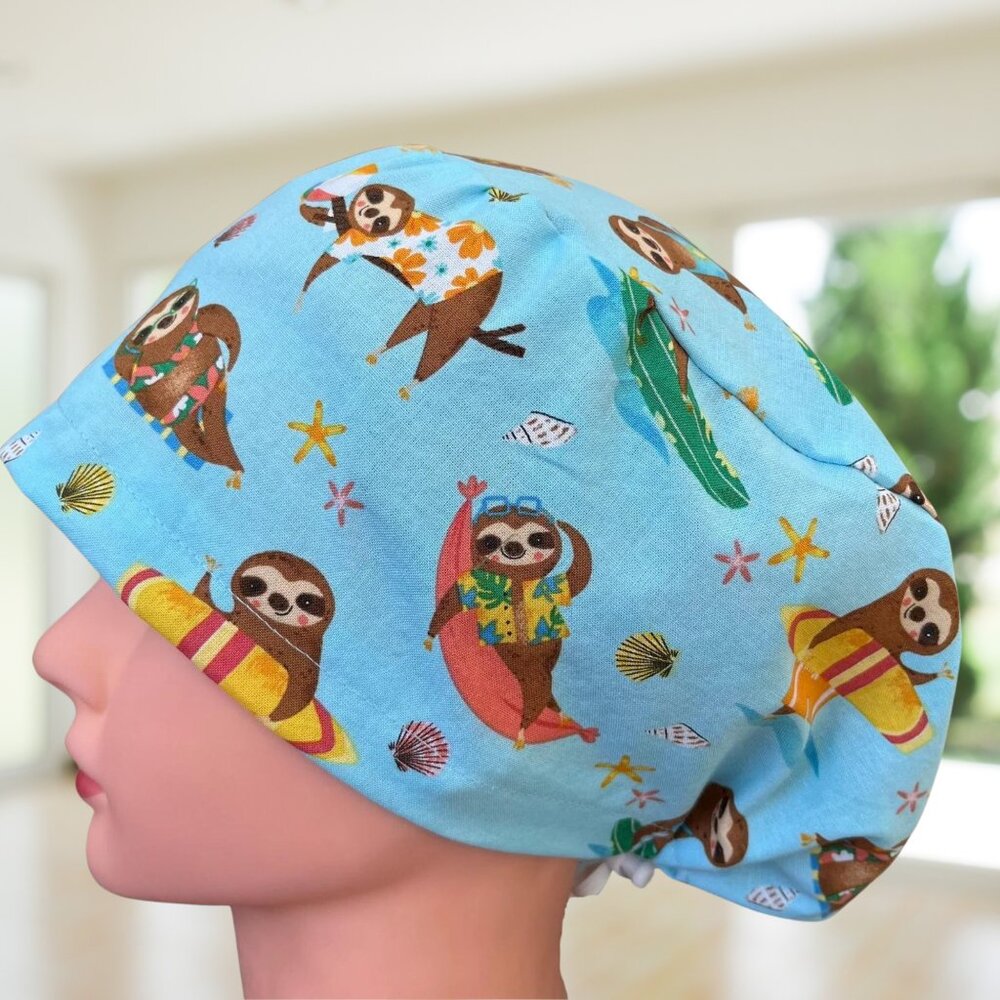 Surfing Sloths Euro Scrub Cap~ Unisex Nurse Cap, CNA, MD, NP, Vet, Gifts.